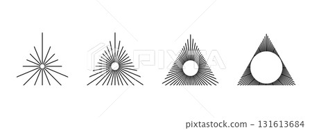 Straight radial lines in triangle shapes. Set of triangular sun rays icons. Solar signs. Radiance, sunburst, explosion or firework symbols isolated on white background. Vector graphic illustration 131613684