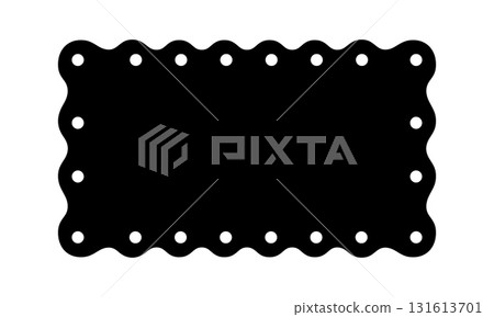 Rectangle shape with scalloped and dotted edges. Rectangular geometric form with curvy borders. Blank textbox, tag or label isolated on white background. Vector graphic illustration 131613701