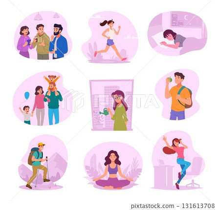Lifestyle. Sleeping daily time entertainment sport for health care daily walking exact vector illustrations set Lifestyle. Sleeping daily time entertainment sport for health care daily walking exact vector illustrations set 131613708