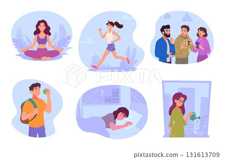 Life balance. Concept illustrations of daily routine walking for health care good products perfect career sleeping time exact vector template 131613709