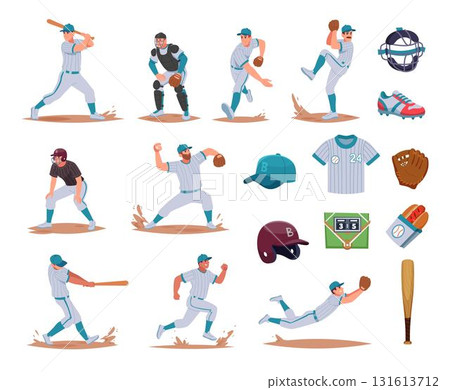 Baseball equipment. Sport professional items for baseball players exact vector cartoon illustrations set isolated 131613712