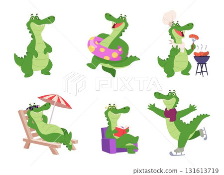 Cute crocodile. Funny mascot alligator in different profession exact cartoon animal activity Cute crocodile. Funny mascot alligator in different profession exact cartoon animal activity 131613719
