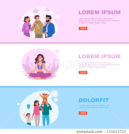 Harmony life. harmonic characters in daily routine. happy family sport woman and happy friendship on banners 131613723