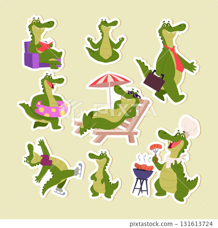 Crocodile. stickers template with crocodile characters in action poses 131613724