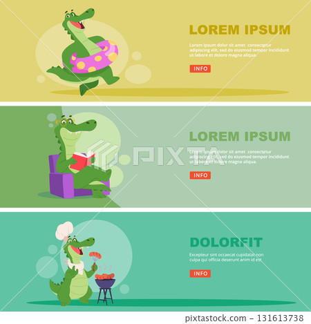 Crocodile. funny reptile mascot in action poses. vector banners Crocodile. funny reptile mascot in action poses. vector banners 131613738