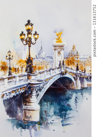 paris watercolor cityscape street lamps sky hues calm 131613752
