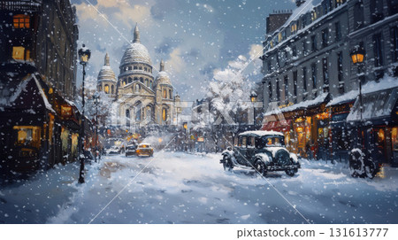 paris street scene style touch impressionism snowflakes light 131613777