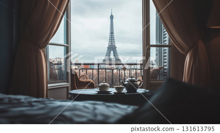 paris hotel room view eiffel bed table teapot 131613795