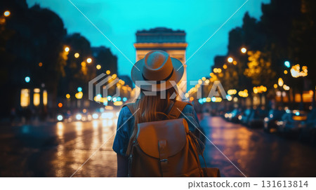 paris woman straw hat city street twilight triomphe paris woman straw hat city street twilight triomphe 131613814