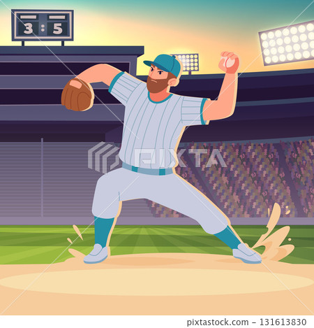 Baseball player. sport character in uniform through the ball on baseball arena 131613830