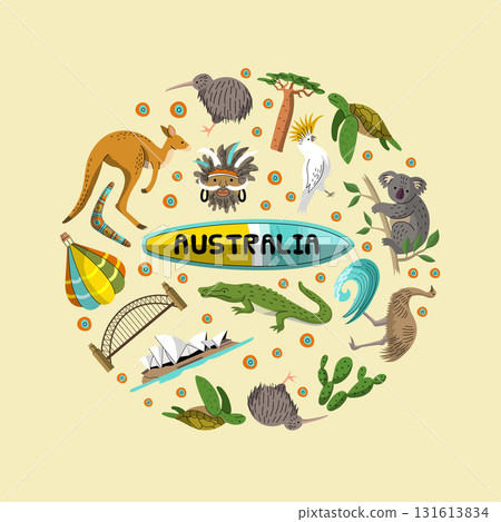 Australia circle kangaroo buildings koala crocodile and other national items of australia Australia circle kangaroo buildings koala crocodile and other national items of australia 131613834