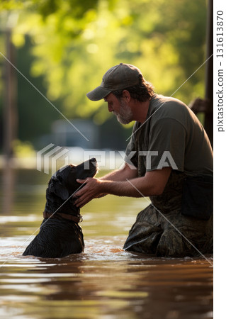 man dog water hour scene sun hue immersed 131613870