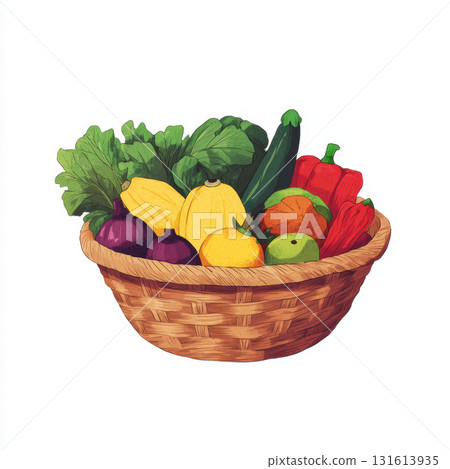 illustration basket vegetables zucchini bell peppers apples green 131613935