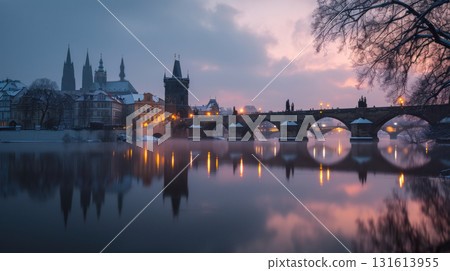 Prague skyline bridge sunrise winter snow rooftop fog 131613955