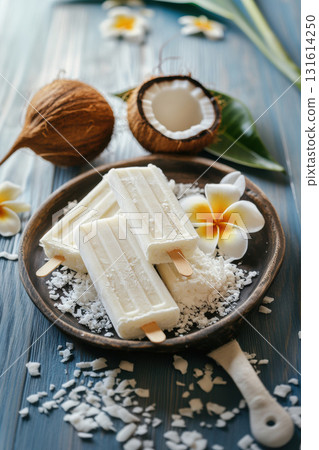 table plate popsicles closeup coconut shell shot wooden 131614250