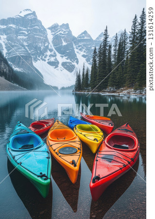 aerial view mountains background lake kayaks snowcapped colorful aerial view mountains background lake kayaks snowcapped colorful 131614259