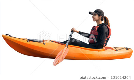 aerial view woman kayak background orange kayaking bright 131614264