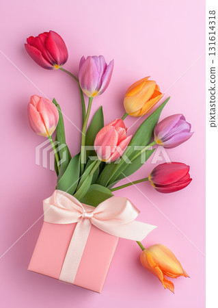 life composition tulips gift bouquet box featuring pink 131614318