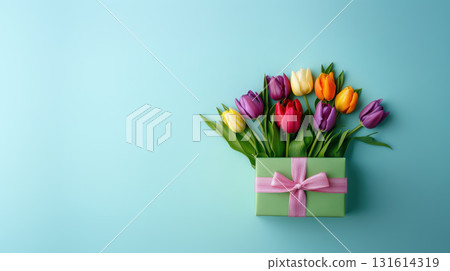 tulips gift turquoise background purple vase bouquet green 131614319