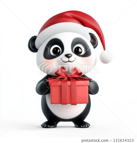 3d cartoon panda character hat gift santa box 131614323