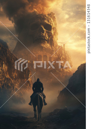 portrayal warrior horseback sky set backdrop vivid fiery 131614348