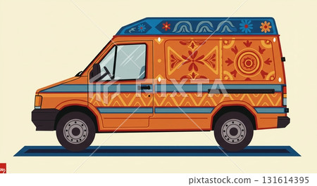 民間藝術風格。與日本街道融為一體的輕型貨車(輕型貨車)的橫向插圖。 民間藝術風格。與日本街道融為一體的輕型貨車(輕型貨車)的橫向插圖。 131614395