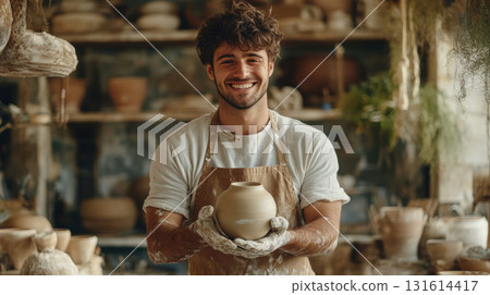 man pottery workshop clay pot shirt hands brown man pottery workshop clay pot shirt hands brown 131614417