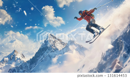 action skier midair sky clouds shot captured backdrop action skier midair sky clouds shot captured backdrop 131614453