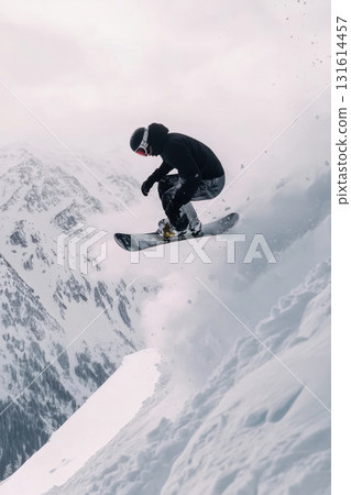 midair mountains sky snowboarder captured backdrop snowcovered cloudy 131614457