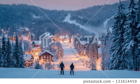 panoramic view mountain village twilight person jacket camera 131614459