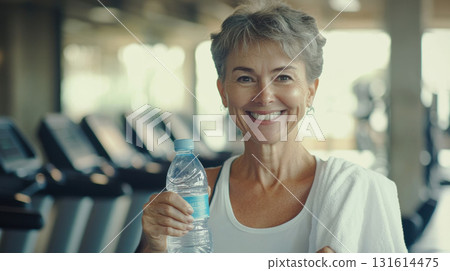 woman bottle water tank neck gym setting holding 131614475