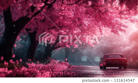 cherry blossom trees car road scene light atmosphere 131614547