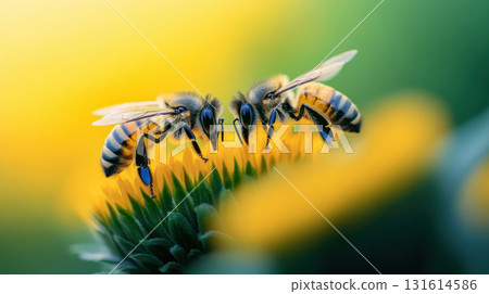 bees flower petals wings closeup shot positioned spread 131614586