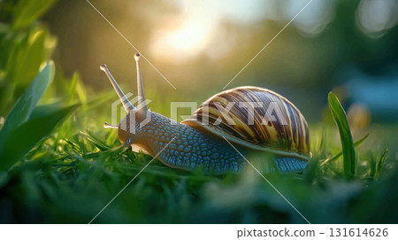snail grass background closeup shot focus blurred emphasizing 131614626