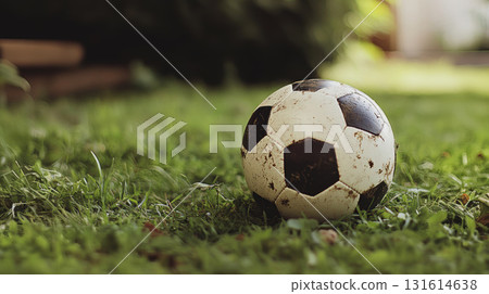soccer ball grassy field markings frame closeup center 131614638