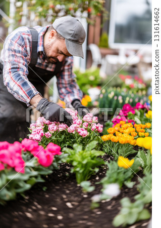 man flowers garden plaid shirt cap closeup center man flowers garden plaid shirt cap closeup center 131614662