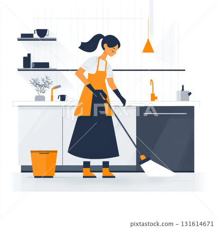 illustration woman kitchen floor broomstick apron stylized setting 131614671