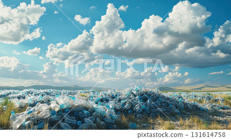 aerial view field plastic bottles sky scene clouds 131614758