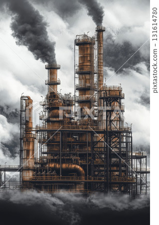 photograph facility oil gas plant clouds stormy sepiatoned 131614780