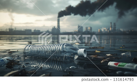 plastic bottle surface city skyline background closeup wet 131614793