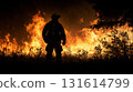 firefighter fire stands roaring silhouetted backdrop fiery general 131614799
