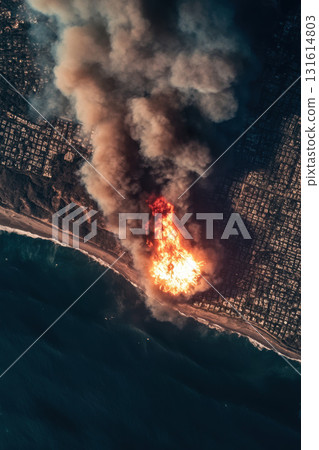 aerial view area cityscape background ocean plume smoke 131614803