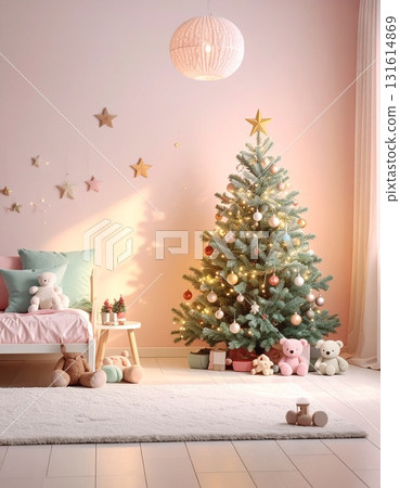 Mini Christmas tree decorated in a child's room | Cute winter background 131614869