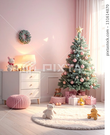 Mini Christmas tree decorated in a child's room | Cute winter background 131614870