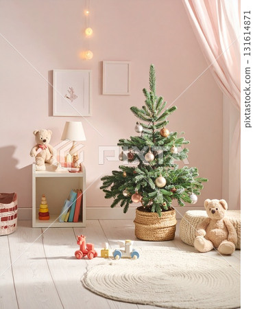Mini Christmas tree decorated in a child's room | Cute winter background 131614871
