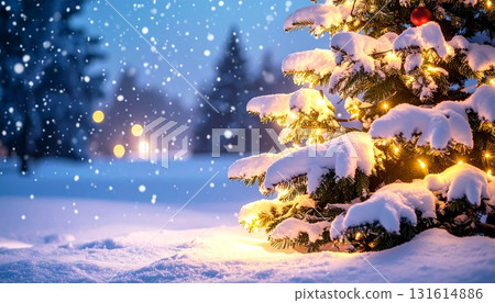 雪中閃閃發光的戶外聖誕樹 | 夢幻般的冬季背景 雪中閃閃發光的戶外聖誕樹 | 夢幻般的冬季背景 131614886