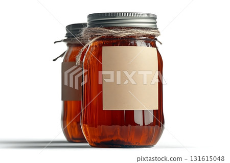 Rustic glass jars filled with homemade preserves on a bright white background 131615048