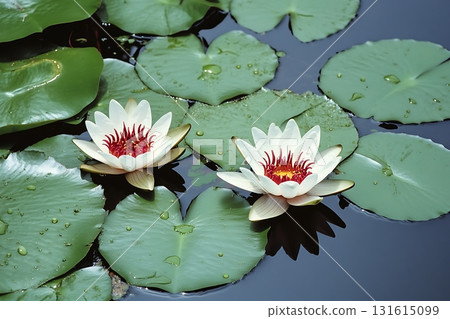 Serene Water Lilies with Vibrant Petals Floating on Calm Dark Water Surface 131615099