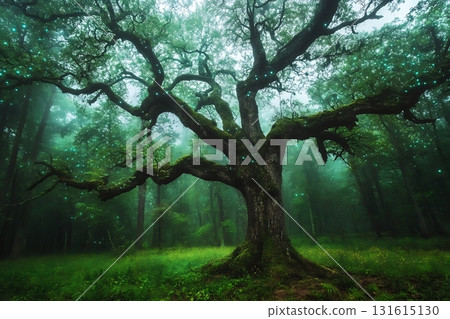Enchanted Misty Forest with Majestic Tree and Glowing Lights Amidst Lush Greenery Enchanted Misty Forest with Majestic Tree and Glowing Lights Amidst Lush Greenery 131615130