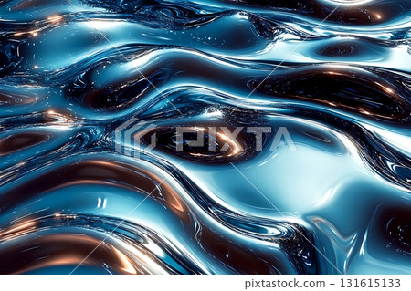 Abstract fluid pattern with shiny blue and silver waves and reflections in smooth surface Abstract fluid pattern with shiny blue and silver waves and reflections in smooth surface 131615133